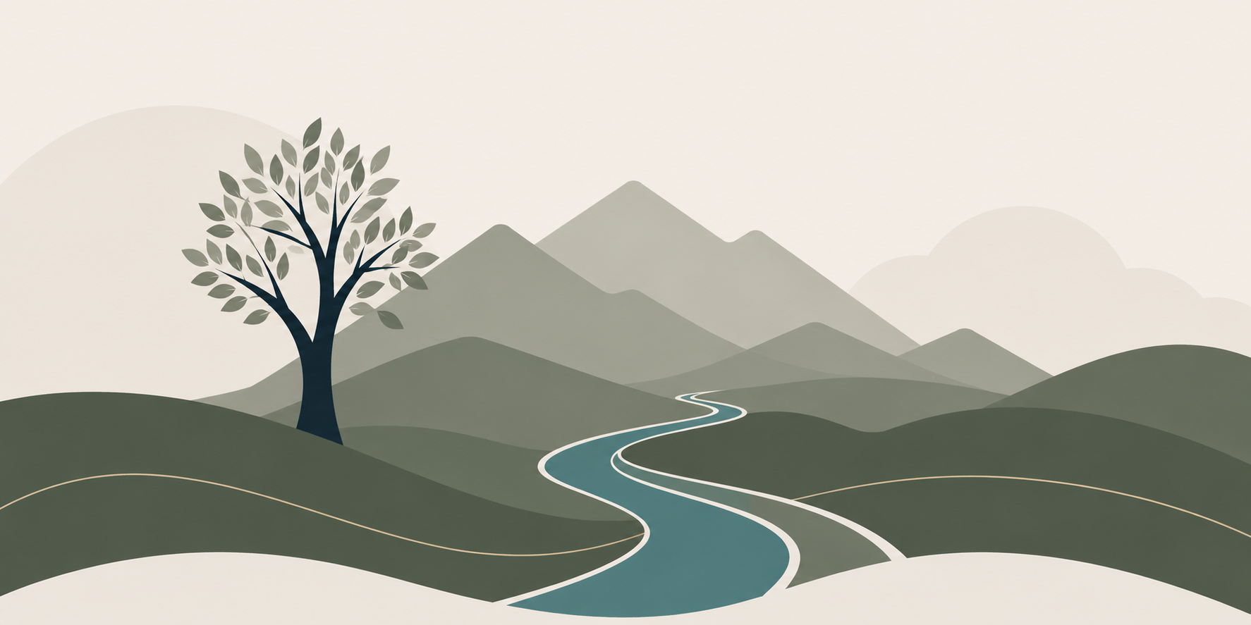 Soft illustrated mountains, tree, and winding river for Keystone Counseling